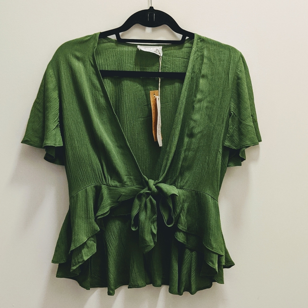 Mustard Seed Olive Green Tie-Front Ruffle Blouse
